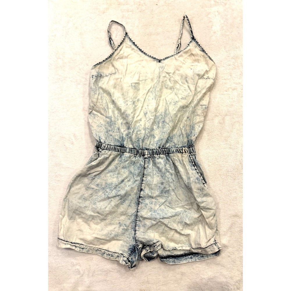 Timing Acid Wash Sleeveless Romper Blue White Elastic Waist Pockets Size M
